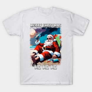 Funny Santa Claus relaxing on the beach in the summer pop art illustration T-Shirt